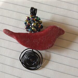 HANDMADE RED CLAY BIRD WITH BLACK WIRE